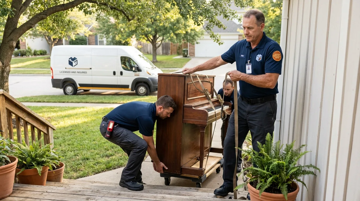 Licensed piano movers securing grand piano in Randolph, NJ